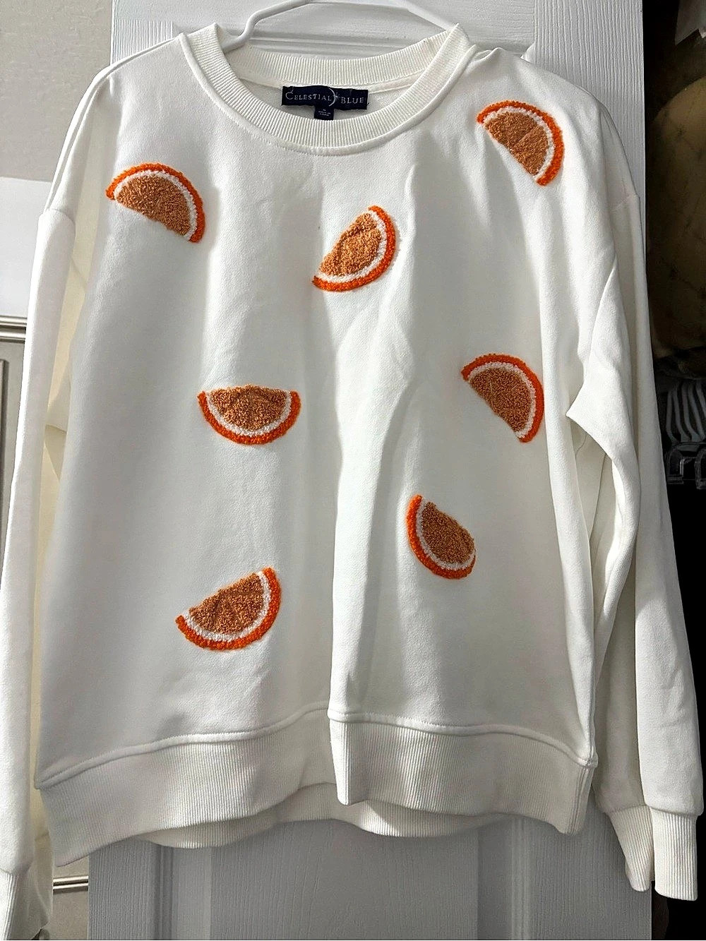 Celestial Blue Citrus Print Sweatshirt in White & Orange Size Small